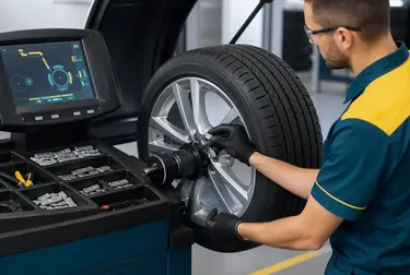 Mecânico balanceando rodas de um automóvel em Colombo.