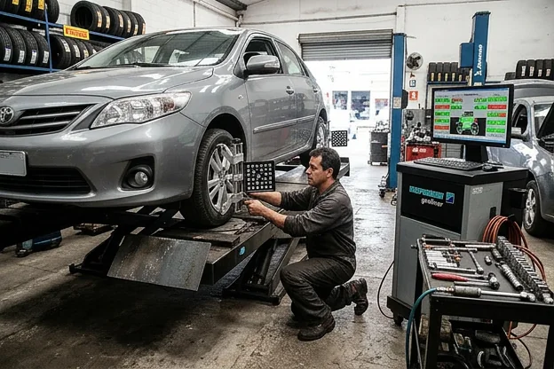 Mecânico realizando o alinhamento de rodas de um carro em Colombo.
