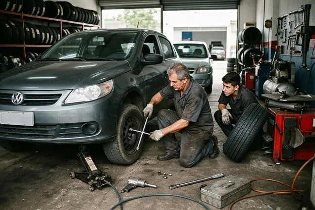 Profissional demonstrando a troca de pneus em um carro em Colombo.