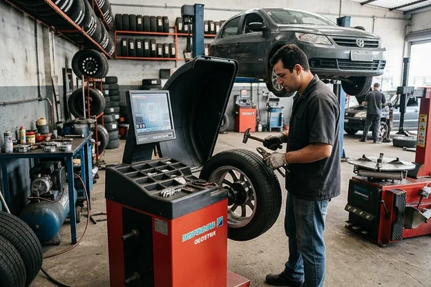 Técnico balanceando rodas de um carro em Colombo.