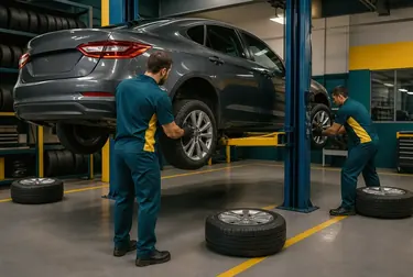 Técnico fazendo rodízio de pneus em um carro em Colombo.