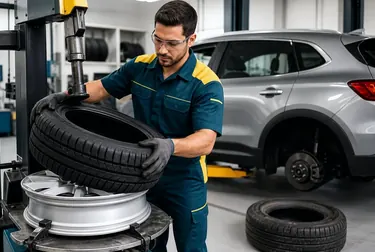 Técnico trocando pneus de um veículo em Colombo, utilizando equipamentos adequados.