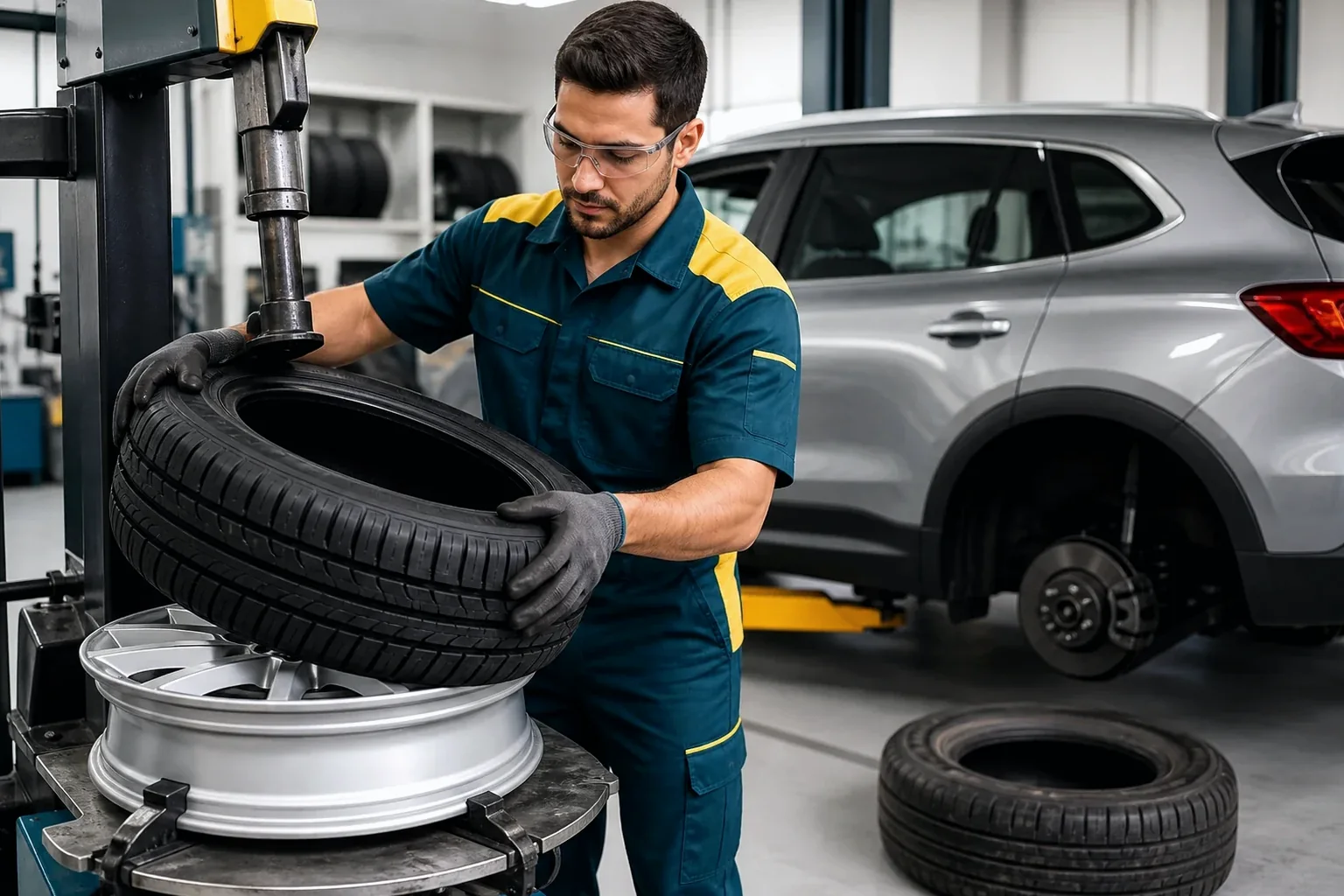 Técnico trocando pneus de um veículo em Colombo, utilizando equipamentos adequados.